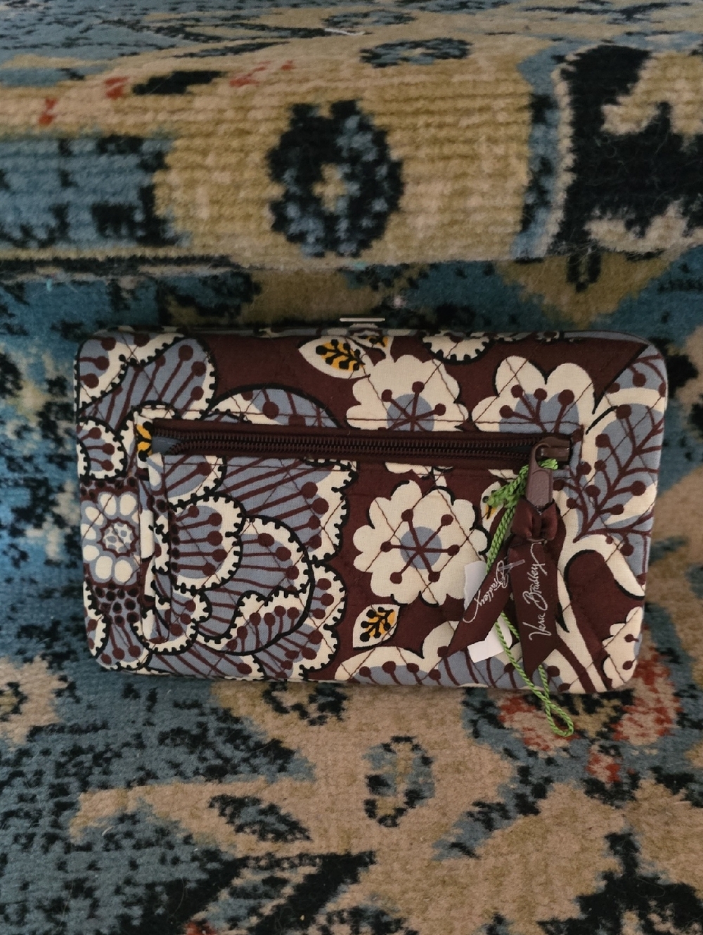 Vera Bradley Brown, Cream & Blue Quilted Floral Wristlet Cosmetic Case